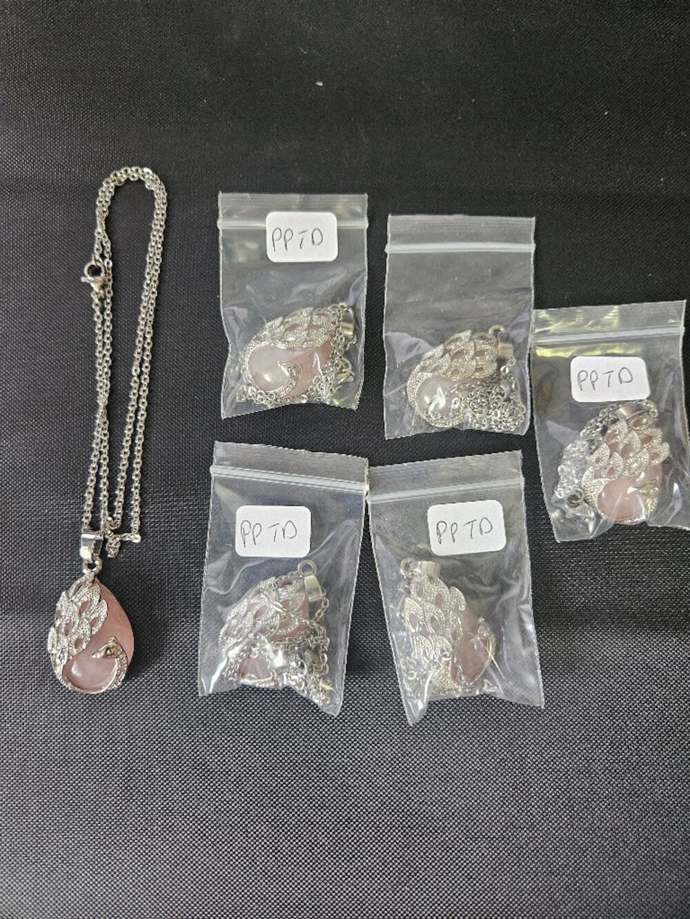 6pc Rose Quartz Bird Pendant Necklaces Peacock Phoenix Silver